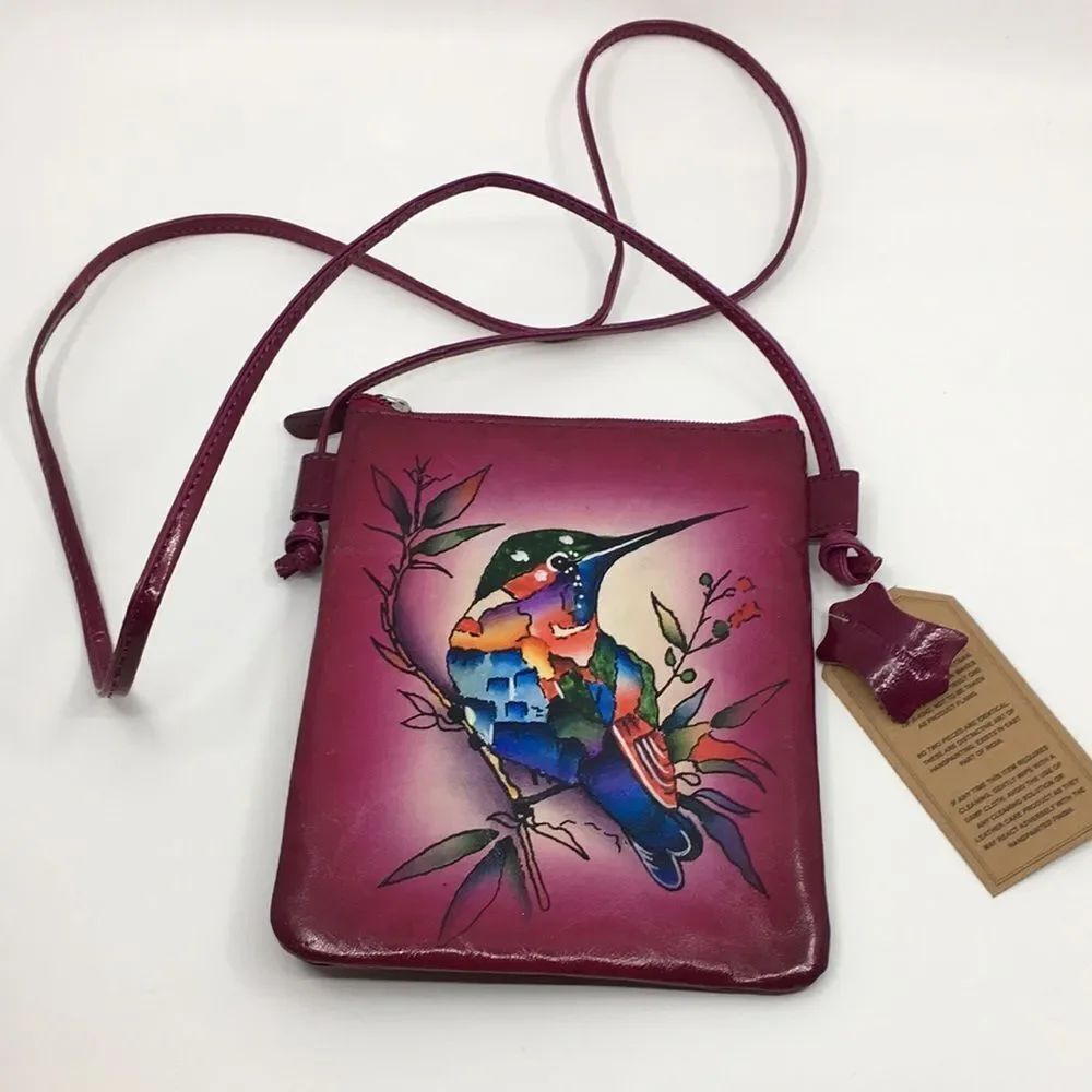 Hummingbird Crossbody Bag Leather Hand painted in India Burgundy Fuchsia
